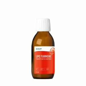 בקבוק כורכום נוזלי ליפוזומלי Lipo Turmeric של אקוסאפ, תווית אדומה
