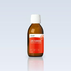 בקבוק כורכום נוזלי ליפוזומלי Lipo Turmeric של אקוסאפ, תווית אדומה